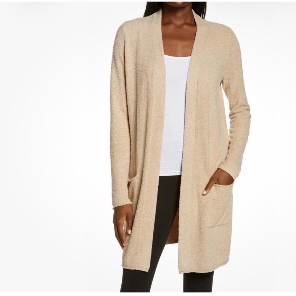 Barefoot Dreams CozyChic Lite Long Cardigan Open Front Pocket Sweater Cream XS